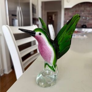 Vintage Murano Glass Hummingbird Figurine in Green and Pink